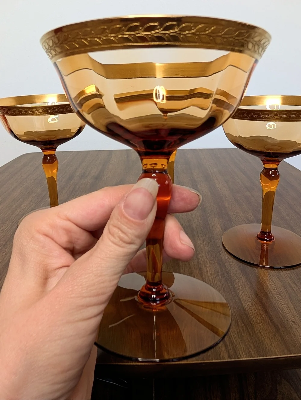 Vintage Amber Glass Gold Rim With Laurel Leaf Pattern Champagne Glasses Set Of 4